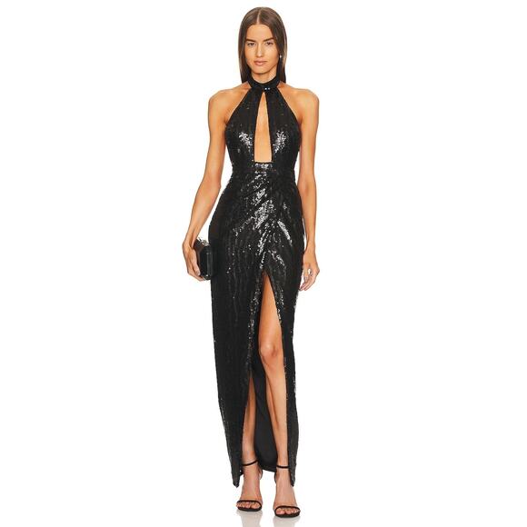 Michael Costello x REVOLVE Rick Sequin Gown Halter Gala Formal Witchy Prom Sz L - Picture 2 of 12